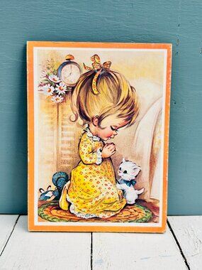 Vintage 70s Little Girl Room Wall Decor Praying Girl and Kitten Retro Kids Room